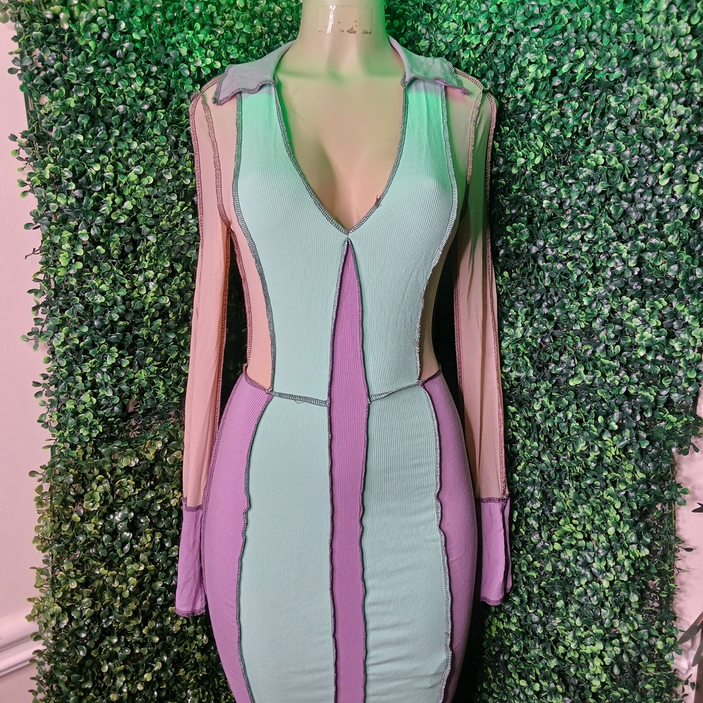 Elegant Neon Multicolor Long Sleeve Dress
